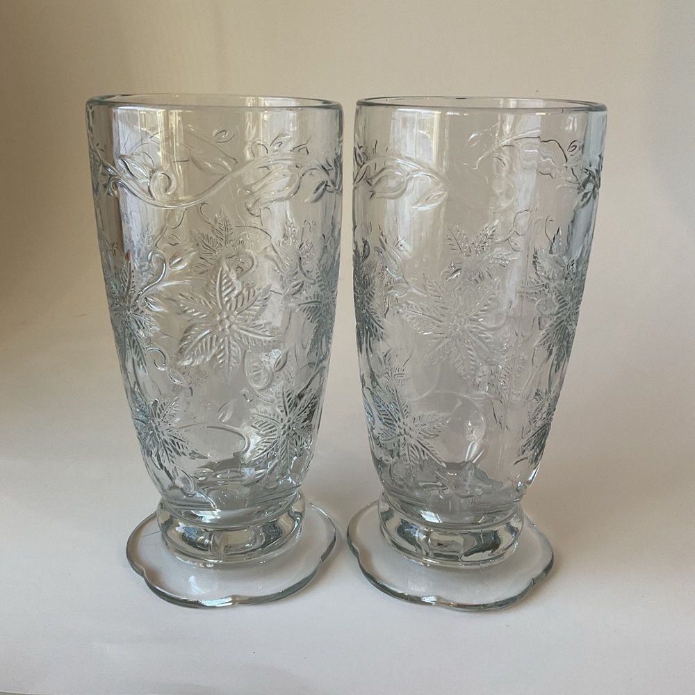 Princess House Fantasia Clear Glass Footed Tumblers Set - Embossed Floral Design